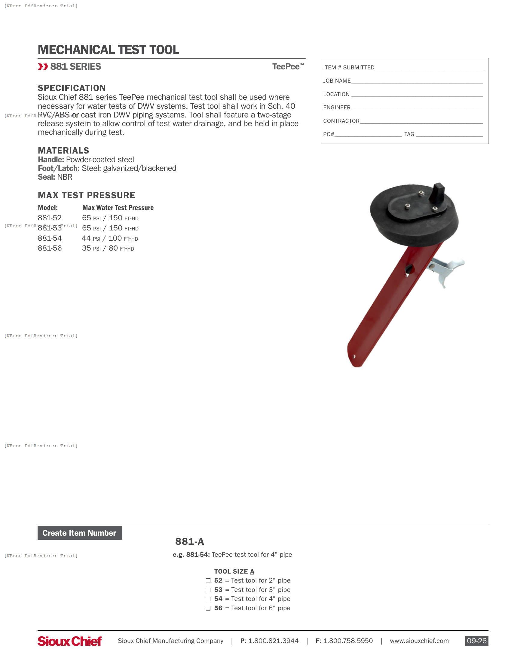 881 SERIES - TEEPEE MECHANICAL TEST TOOL - SPEC SHEET.PDF Specification Document
